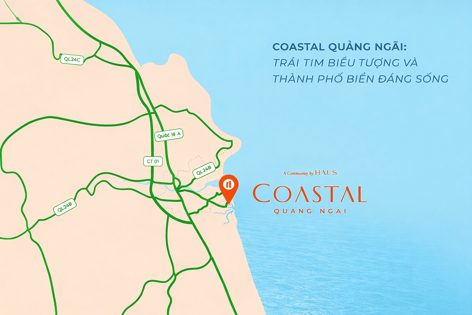 Vị trí Coastal Quãng Ngãi tọa lạc tại Xã Nghĩa Hòa, Huyện Tư Nghĩa, Tỉnh Quảng Ngãi với vị thế tựa sơn-hướng thủy đầy tiêm năng