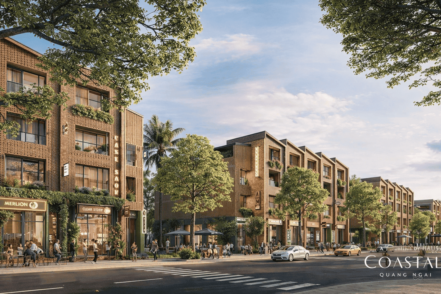 Dãy nhà phố shophouse thương mại Coastal Quảng Ngãi sầm uất, kết hợp kinh doanh và an cư lý tưởng tại khu đô thị ven biển.